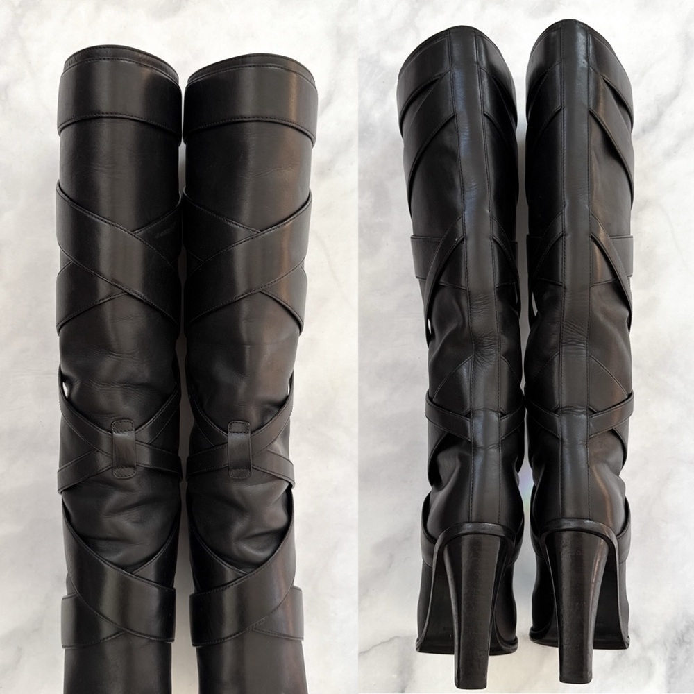 Saint Laurent Strappy Leather Wrap Around Tall Knee High Block Heeled Boot Black - Picture 7 of 16